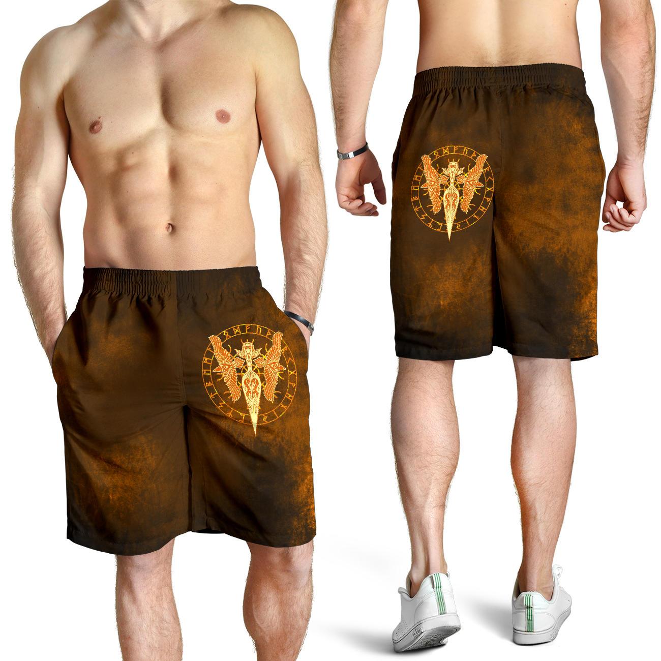 Viking All Over Print Men's Shorts Gold Spear Of The God Odin Gungnir and Two Gold Ravens RLT12