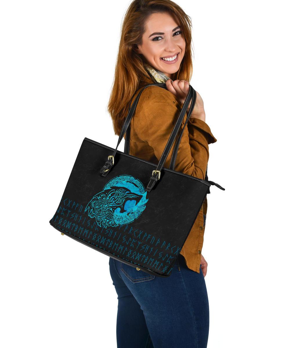 Viking Large Leather Tote Fenrir Wolf Cyan RLT12
