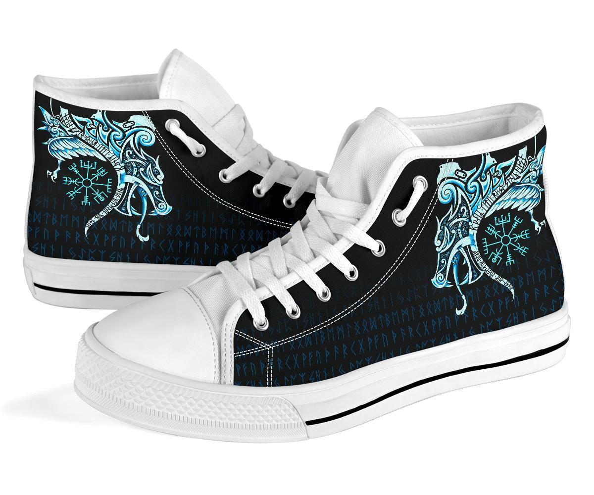 Viking High Top Shoes, Fenrir Raven and Vegvisir Tattoo Cyan RLT12
