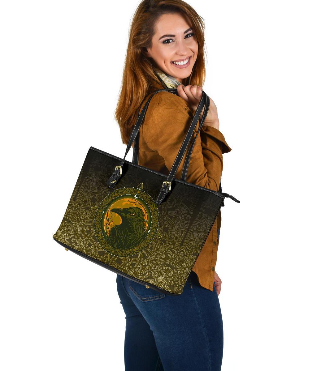 Viking Large Leather Tote Bag, Ethnic Odin Raven Gold RLT12