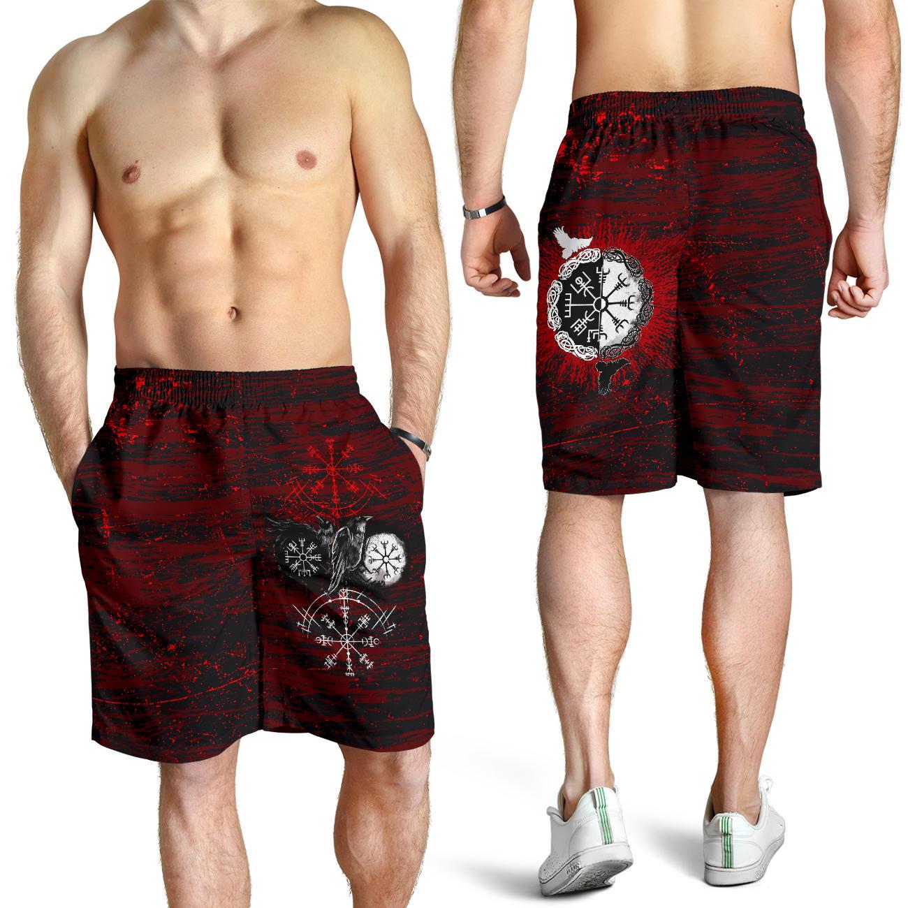 Viking All Over Print Men's Shorts Raven Of Odin and Symbol Viking On Blood Background RLT12