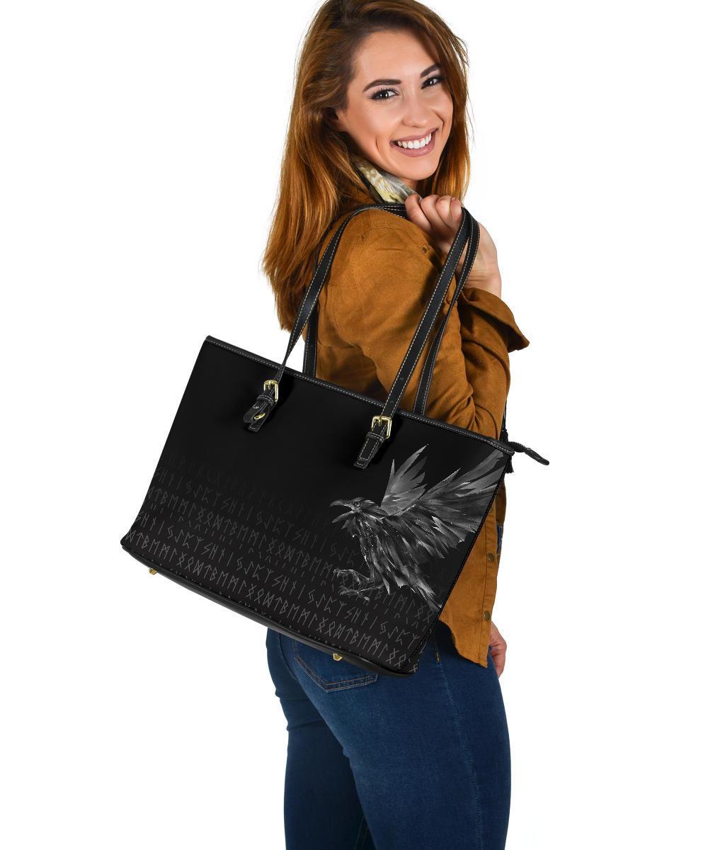 Viking Large Leather Tote Bag The Raven Of Odin Rune RLT12