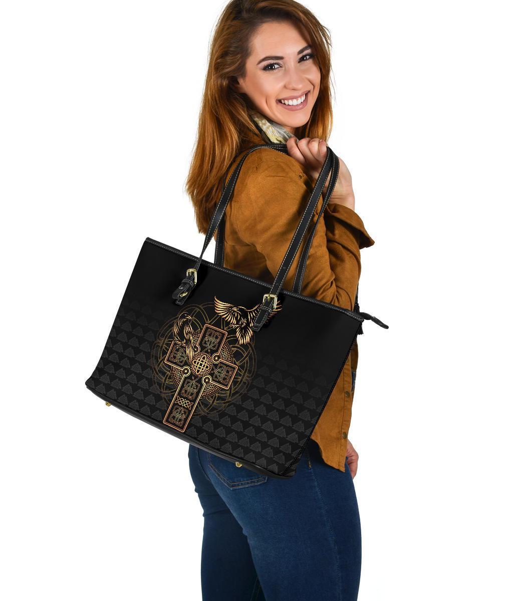 Viking Large Leather Tote Odin's Celtic Raven Tattoo RLT12