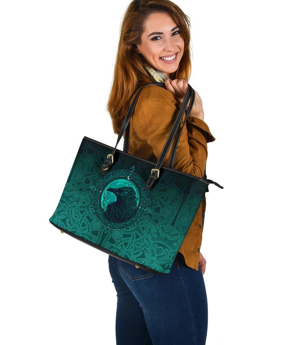 Viking Large Leather Tote Bag, Ethnic Odin Raven Cyan RLT12