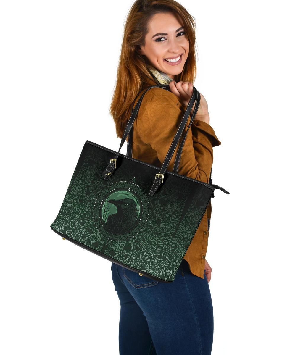 Viking Large Leather Tote Bag, Ethnic Odin Raven Green RLT12