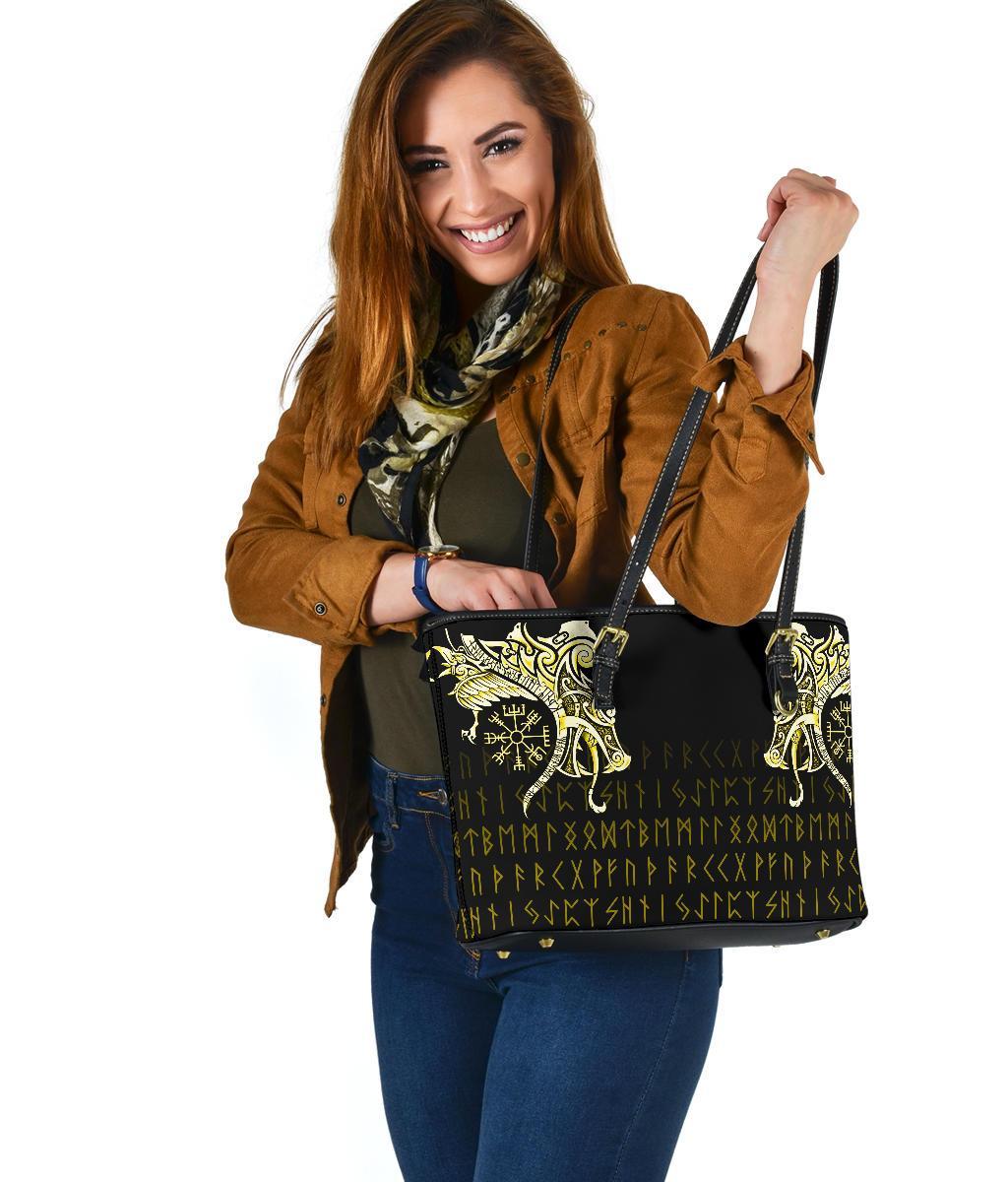 Viking Small Leather Tote, Fenrir Raven and Vegvisir Tattoo Yellow RLT12