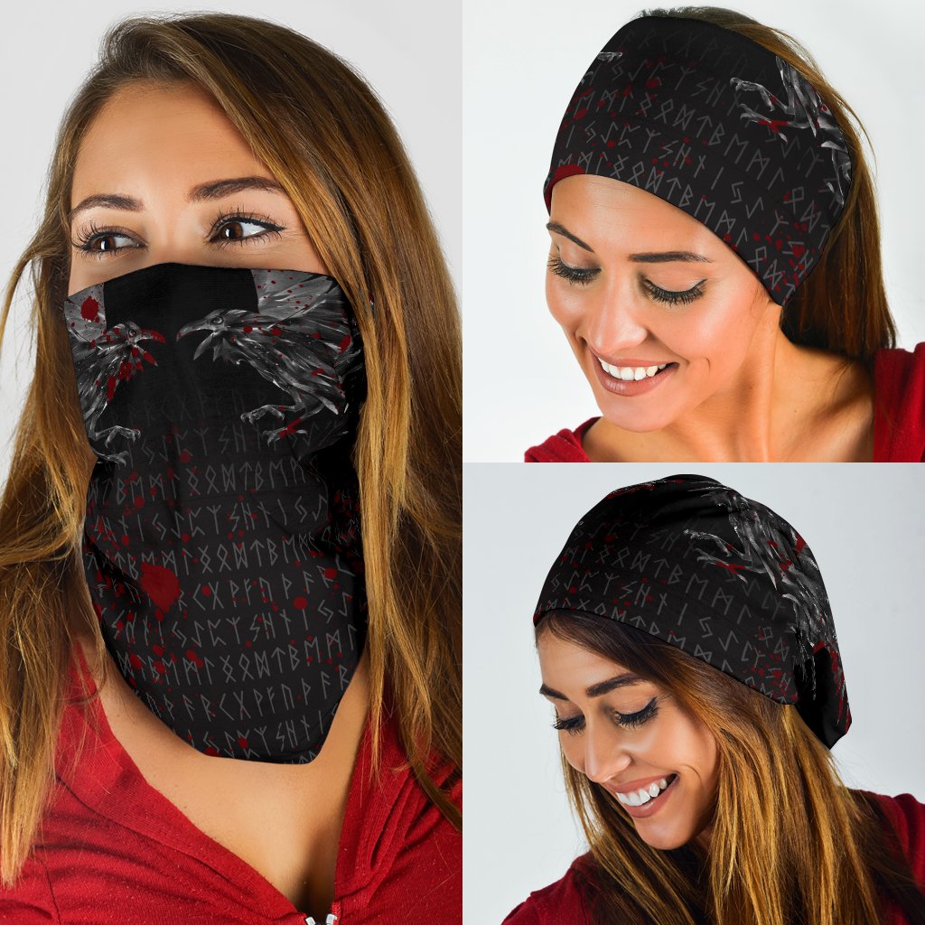 Viking Neck Gaiter - Odin Huginn and Muninn Rune Blood RLT12