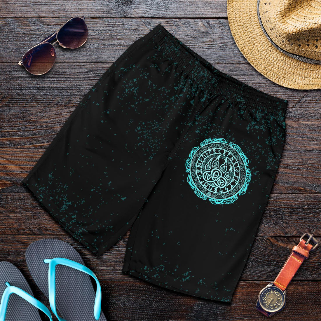 Viking All Over Print Men's Shorts Viking Bear Claws Cyan Tattoo RLT12