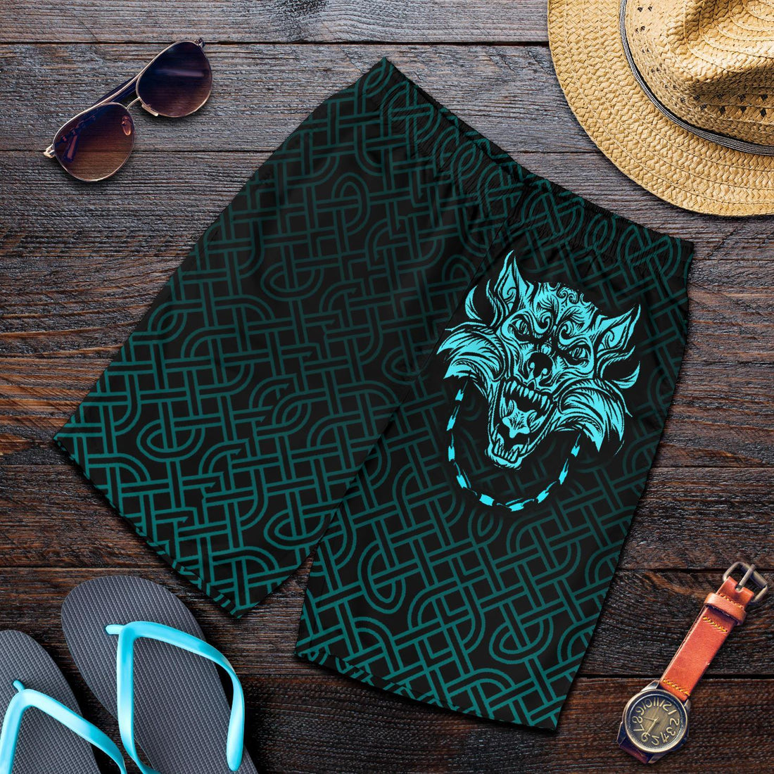 Viking All Over Print Men's Shorts Fenrir Viking Cyan 3D RLT12