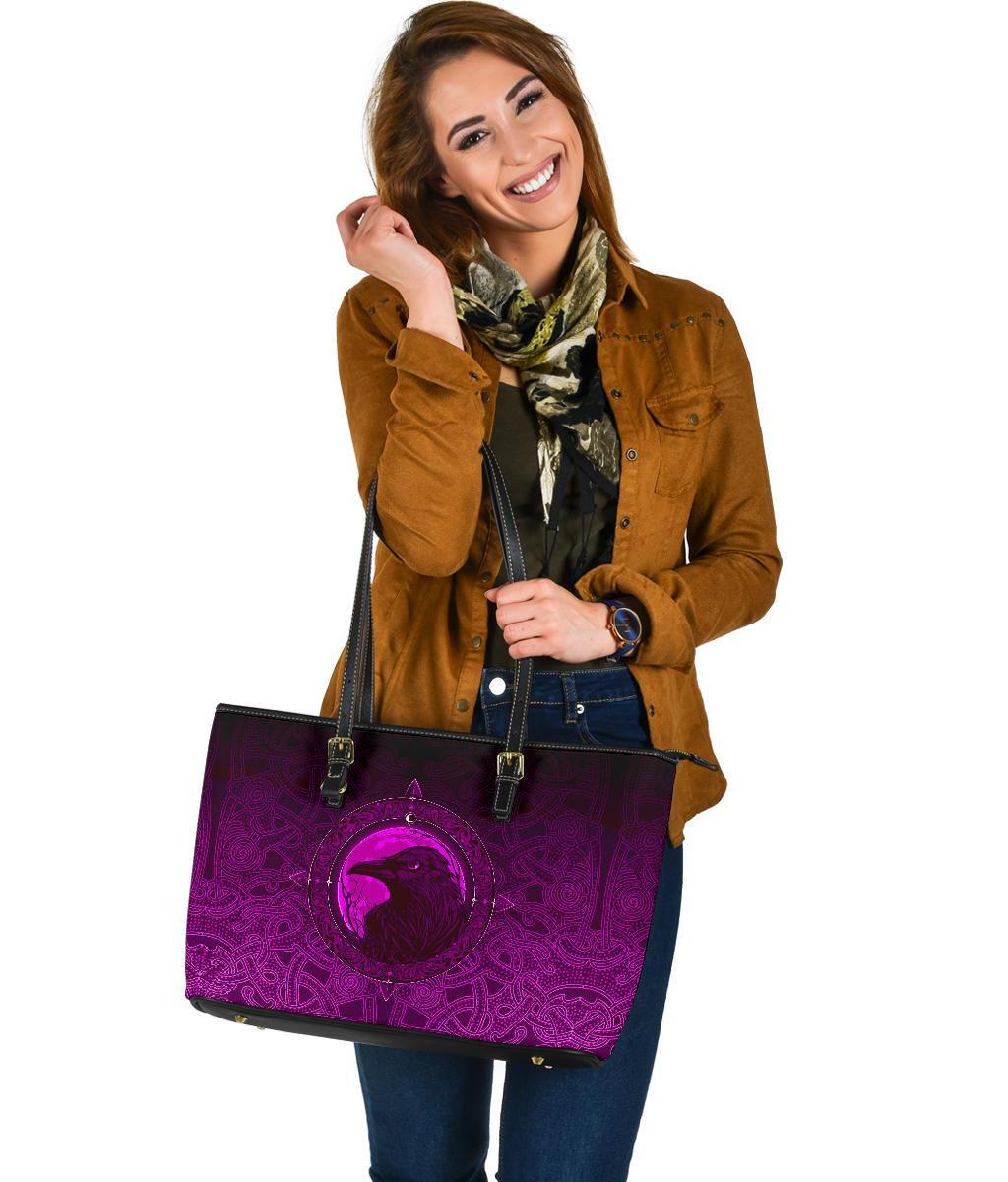 Viking Large Leather Tote Bag, Ethnic Odin Raven Pink RLT12