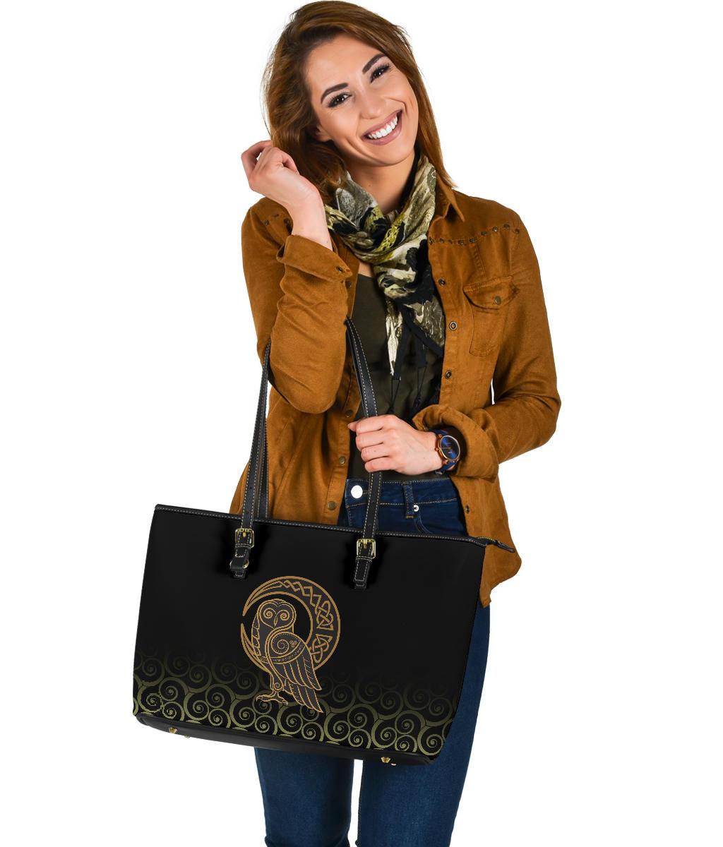 Viking Large Leather Tote Owl Celtic On Triskels Background RLT12