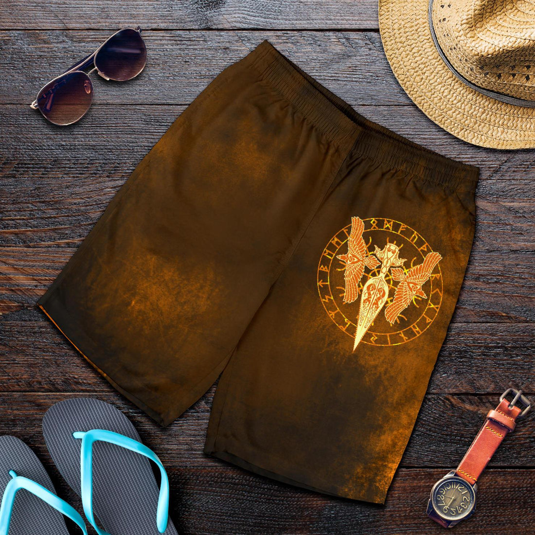 Viking All Over Print Men's Shorts Gold Spear Of The God Odin Gungnir and Two Gold Ravens RLT12