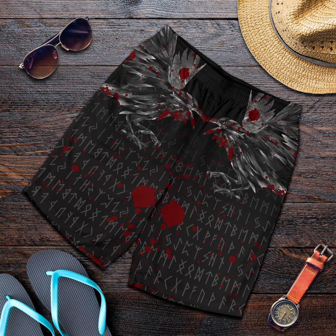 Viking Men's Shorts - Odin Huginn and Muninn Rune Blood RLT12