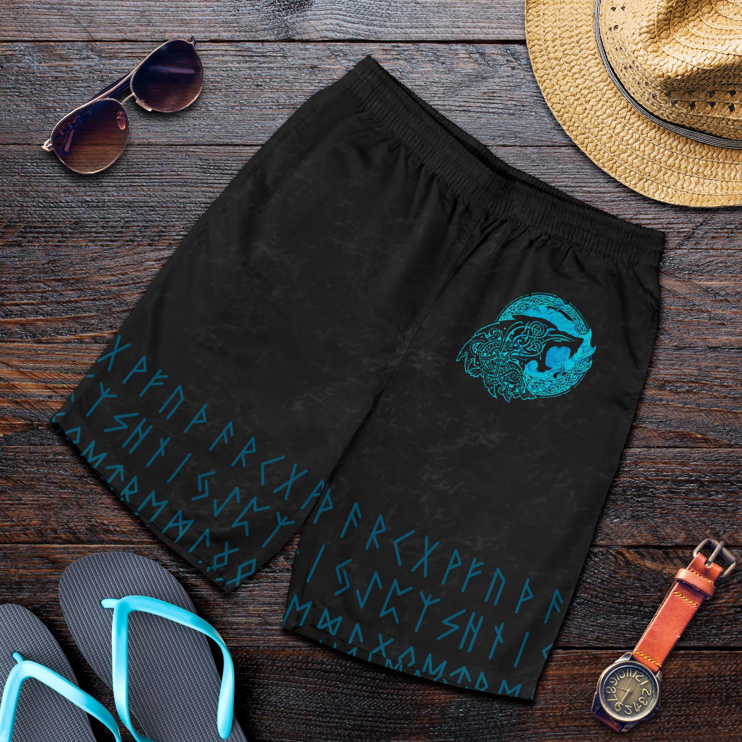 Viking All Over Print Men's Shorts Fenrir Wolf Cyan RLT12