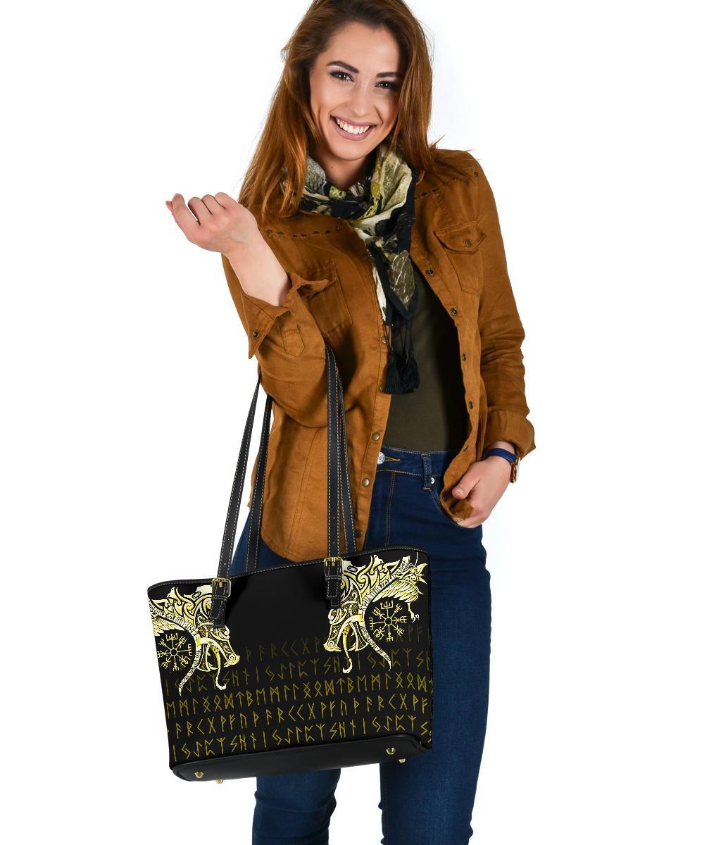 Viking Small Leather Tote, Fenrir Raven and Vegvisir Tattoo Yellow RLT12