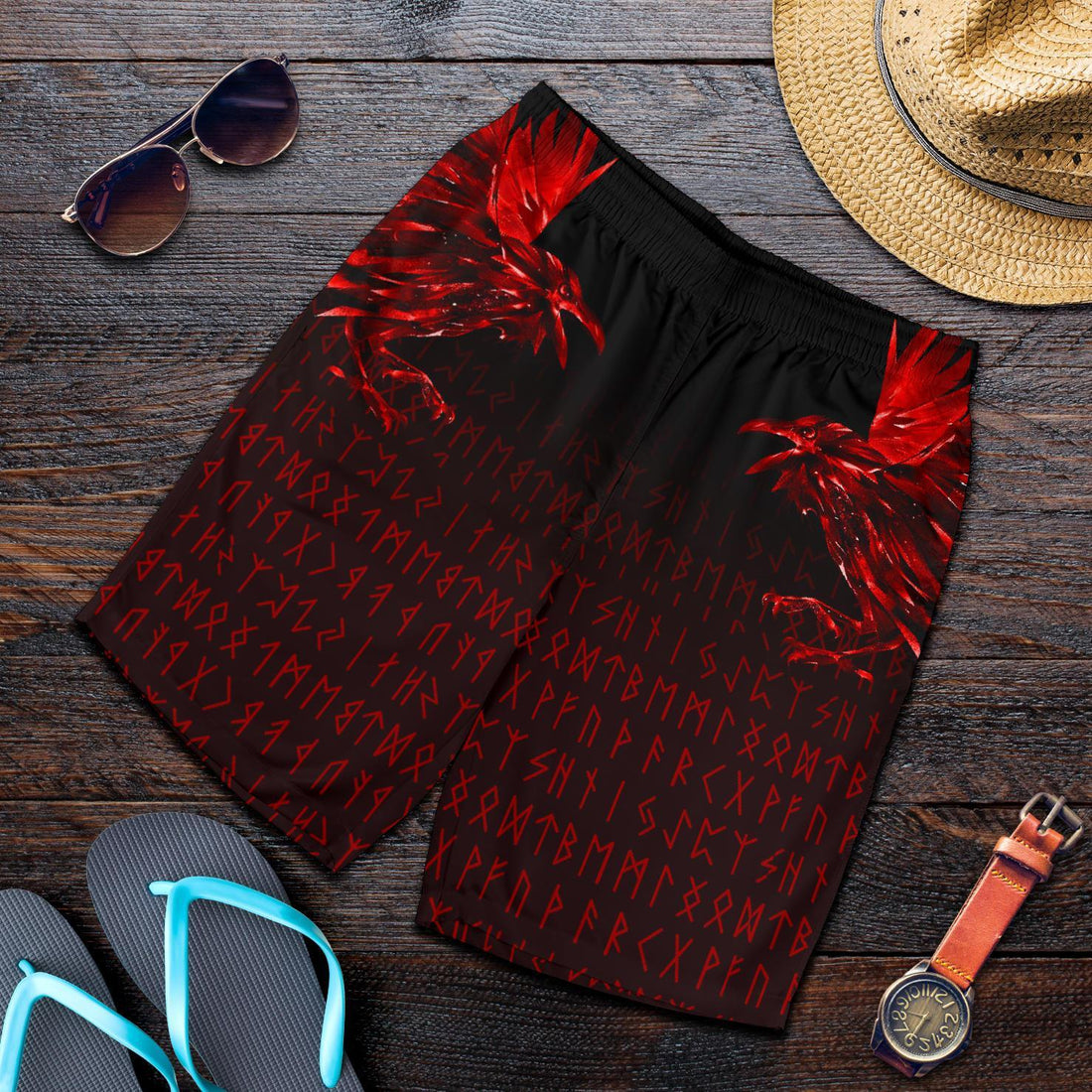 Viking Men's Shorts - The Raven Of Odin Rune, Red RLT12