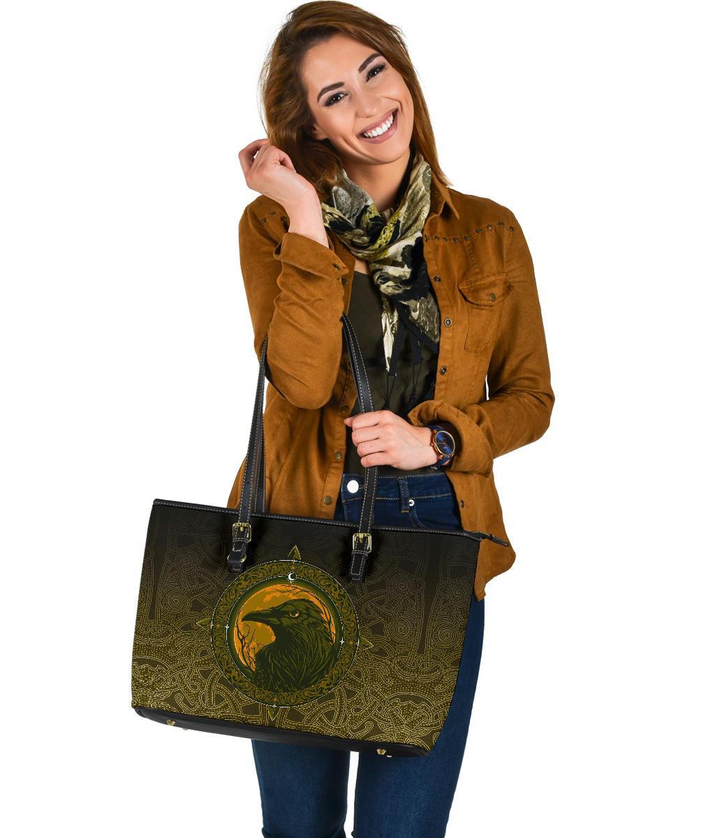 Viking Large Leather Tote Bag, Ethnic Odin Raven Gold RLT12