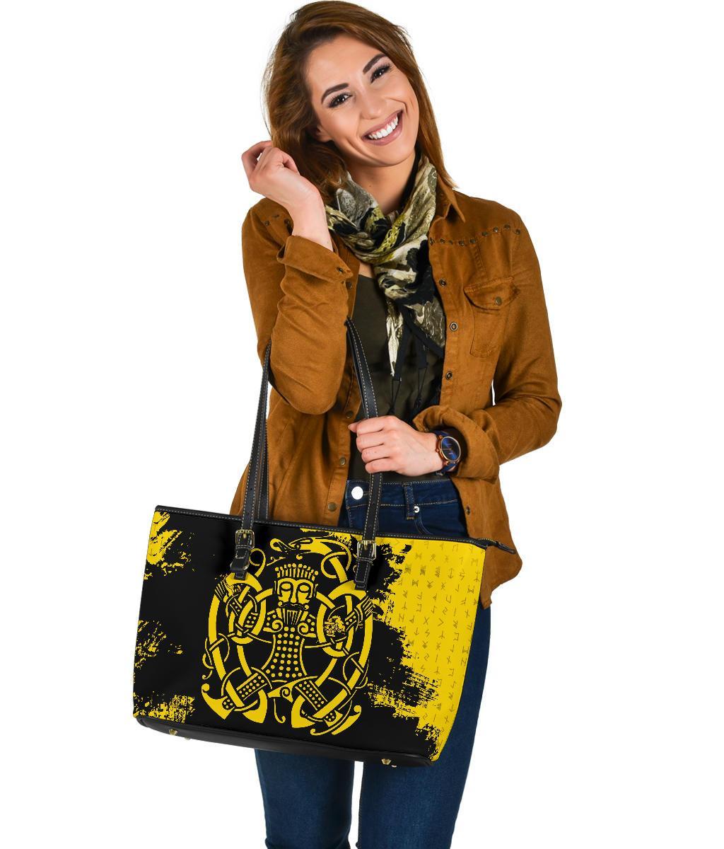 Viking Large Leather Tote Bag, Loki Bound Triskele Rune Gold RLT12