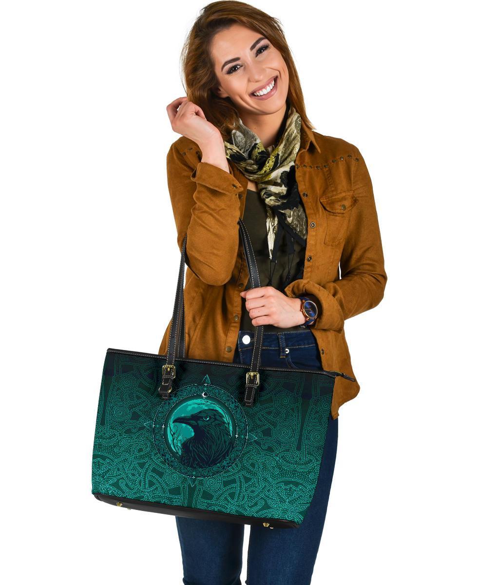 Viking Large Leather Tote Bag, Ethnic Odin Raven Cyan RLT12