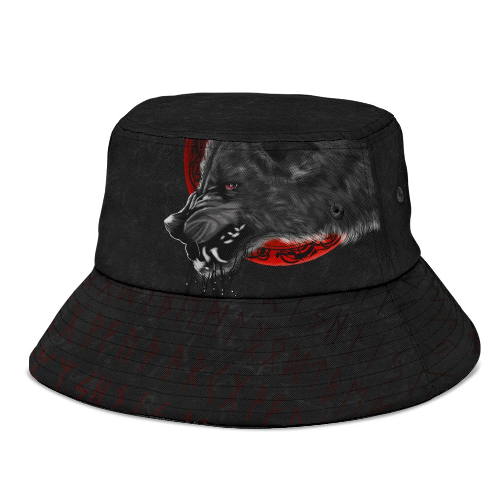 Viking Bucket Hat Wolf and Blood Moon RLT12