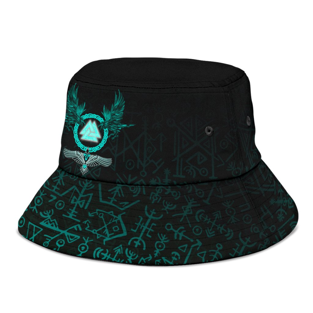 Viking Bucket Hat Three Raven and Valknut Cyan RLT12