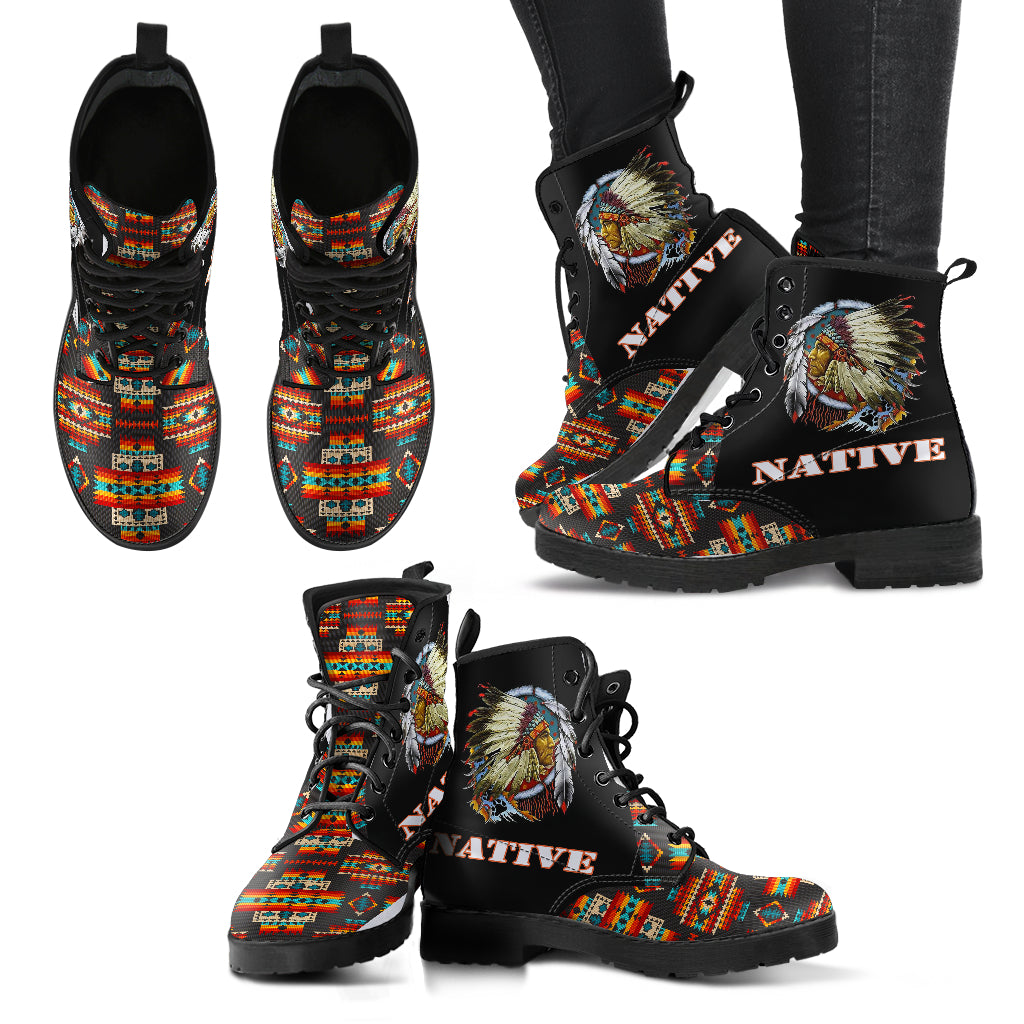Black Pattern Native American Leather Boots LT10