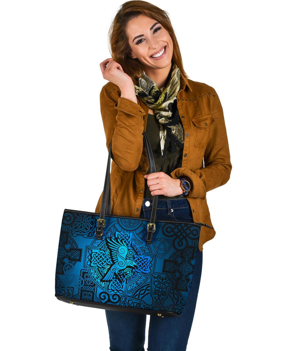 Viking Large Leather Tote Raven Odin Celtic Cyan RLT12