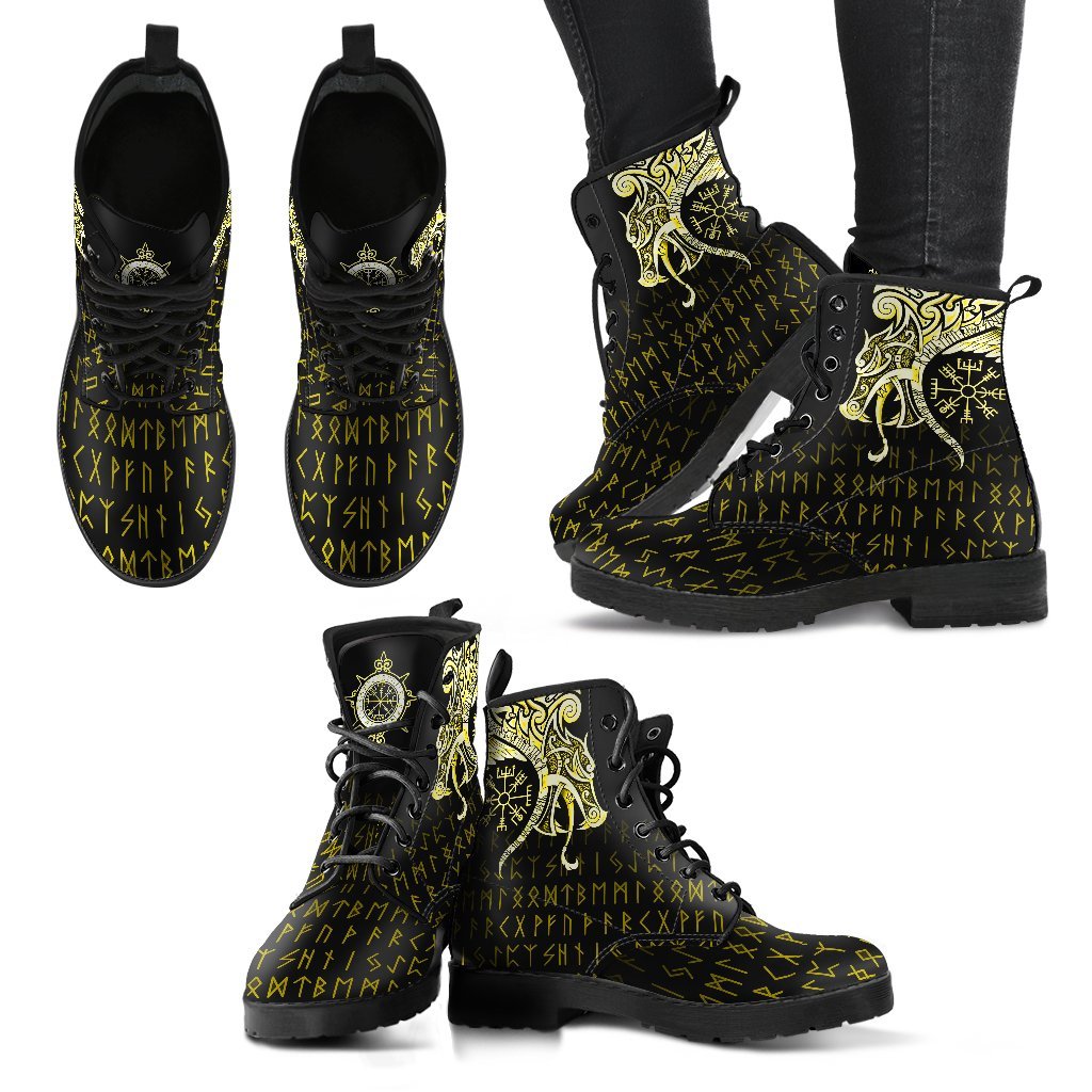 Viking Leather Boots, Fenrir Raven and Vegvisir Tattoo Yellow RLT12