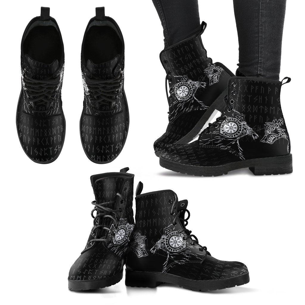Viking Leather Boots Raven and Wolf Special Tattoo RLT12