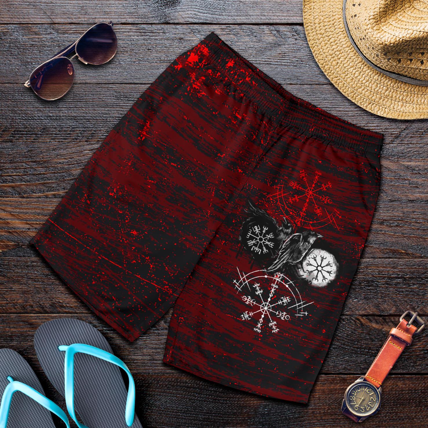 Viking All Over Print Men's Shorts Raven Of Odin and Symbol Viking On Blood Background RLT12