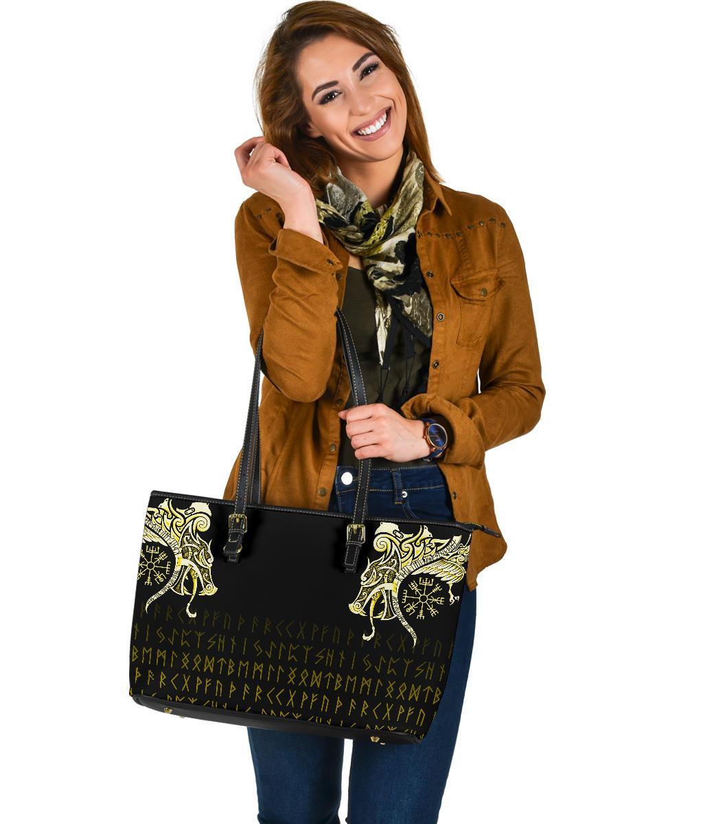 Viking Large Leather Tote, Fenrir Raven and Vegvisir Tattoo Yellow RLT12