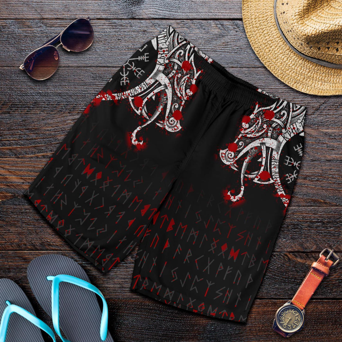 Viking All Over Print Men's Shorts, Dragon and Vegvisir Blood Tattoo RLT12