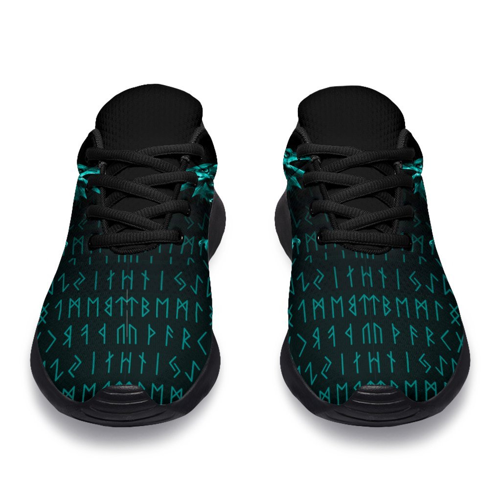 Viking Sporty Sneakers - The Raven Of Odin Rune Cyan RLT12