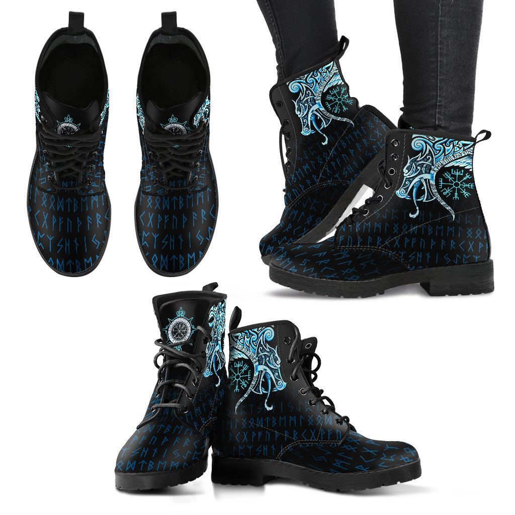 Viking Leather Boots, Fenrir Raven and Vegvisir Tattoo Cyan RLT12