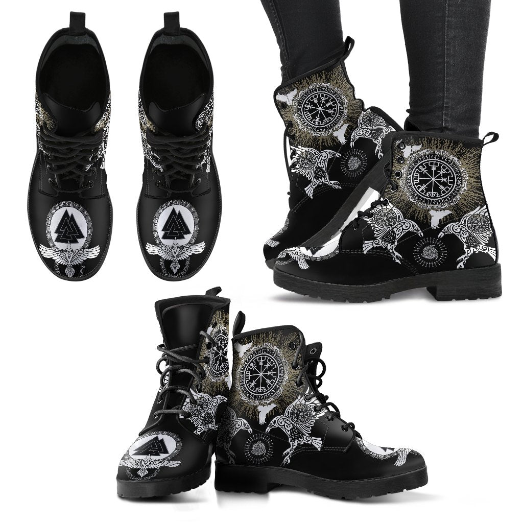 Viking Leather Boots Raven, Valknut and Vegvisir RLT12