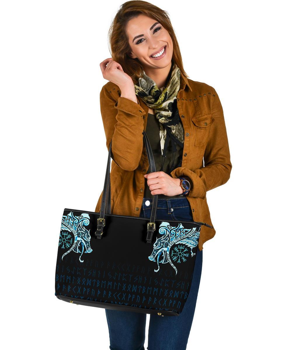 Viking Large Leather Tote, Fenrir Raven and Vegvisir Tattoo Cyan RLT12