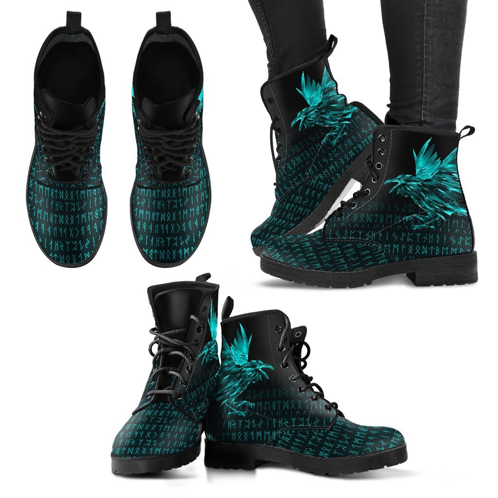 Viking Leather Boots The Raven Of Odin Rune Cyan RLT12