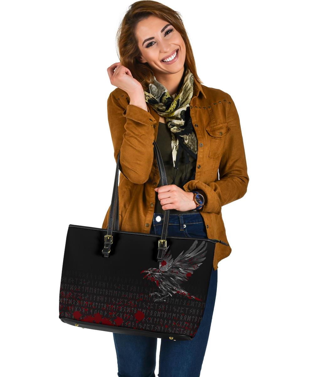 Viking Large Leather Tote Bag The Raven Of Odin Rune Blood RLT12