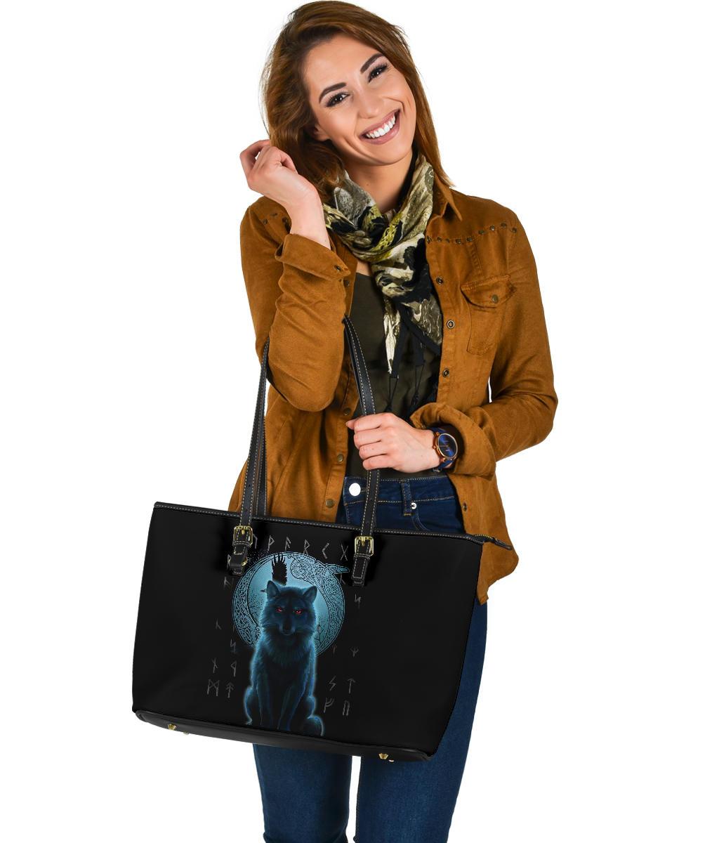 Viking Large Leather Tote Bag, Fenrir Viking Wolf and Moon RLT12