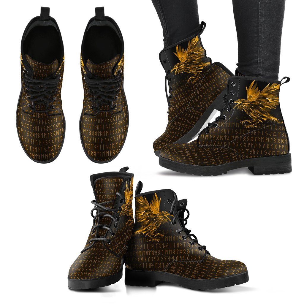 Viking Leather Boots The Raven Of Odin Rune, Gold RLT12