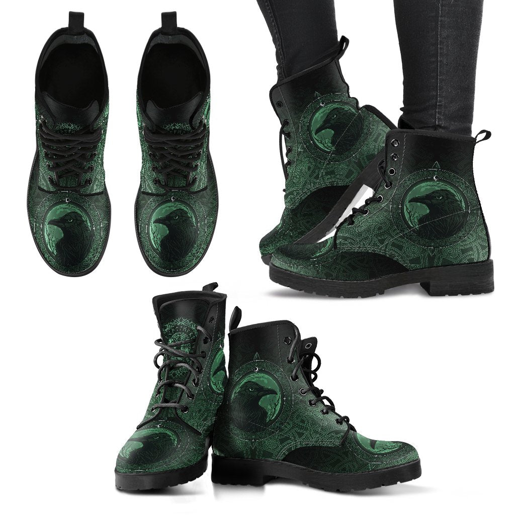 Viking Leather Boots, Ethnic Odin Raven Green RLT12