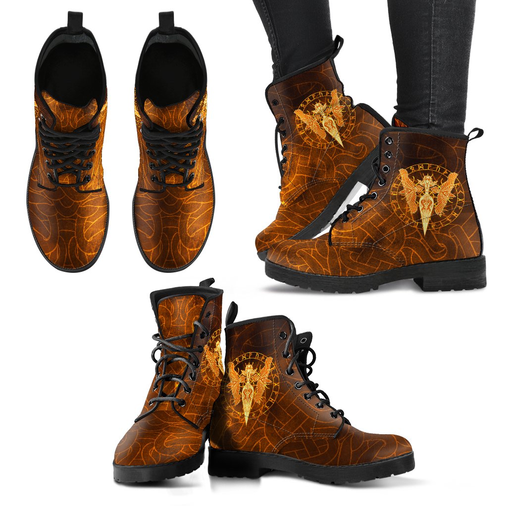 Viking Leather Boots Gold Spear Of The God Odin Gungnir and Two Gold Ravens RLT12