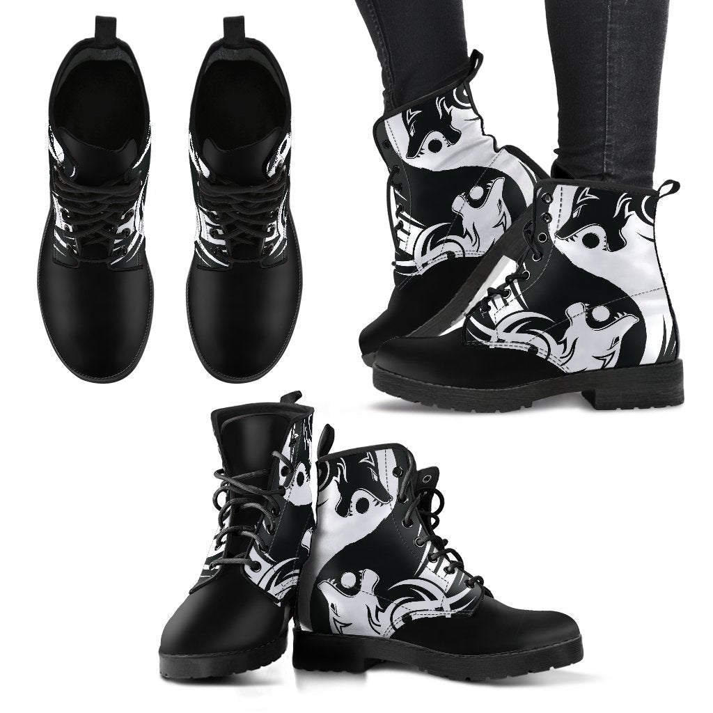 Viking Bomber Leather Boots Ying Yang Wolf RLT12
