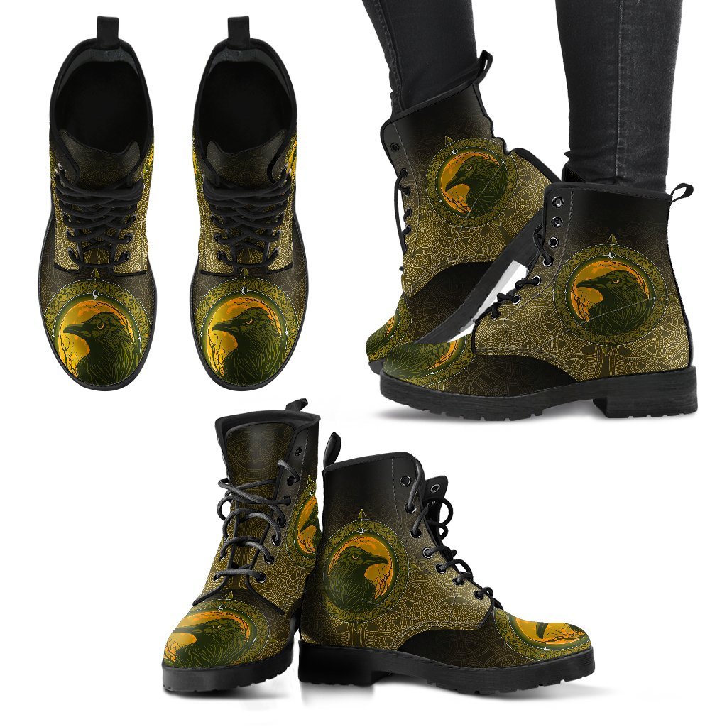Viking Leather Boots, Ethnic Odin Raven Gold RLT12