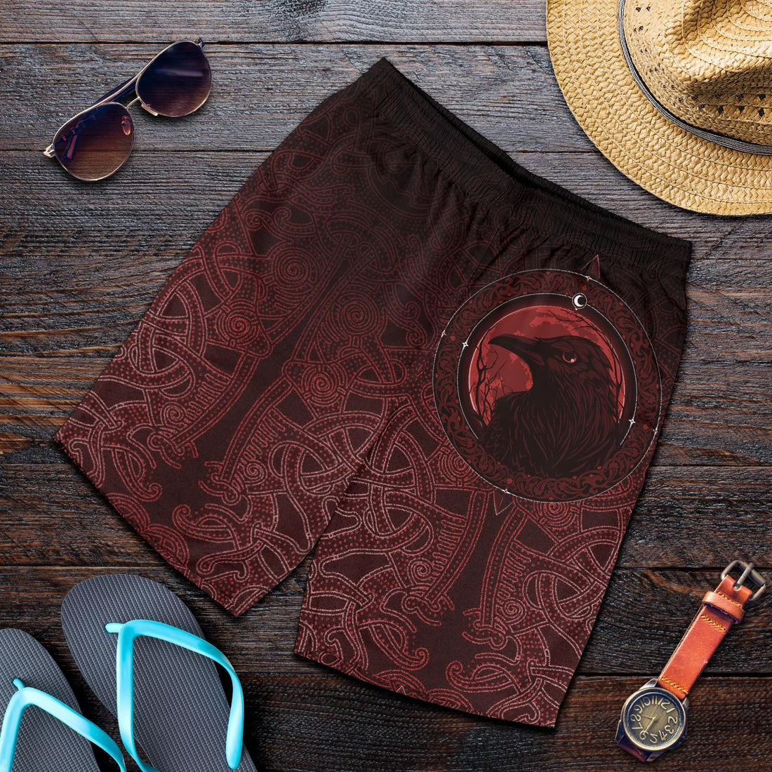 Viking Men's Shorts, Ethnic Odin Raven Red RLT12