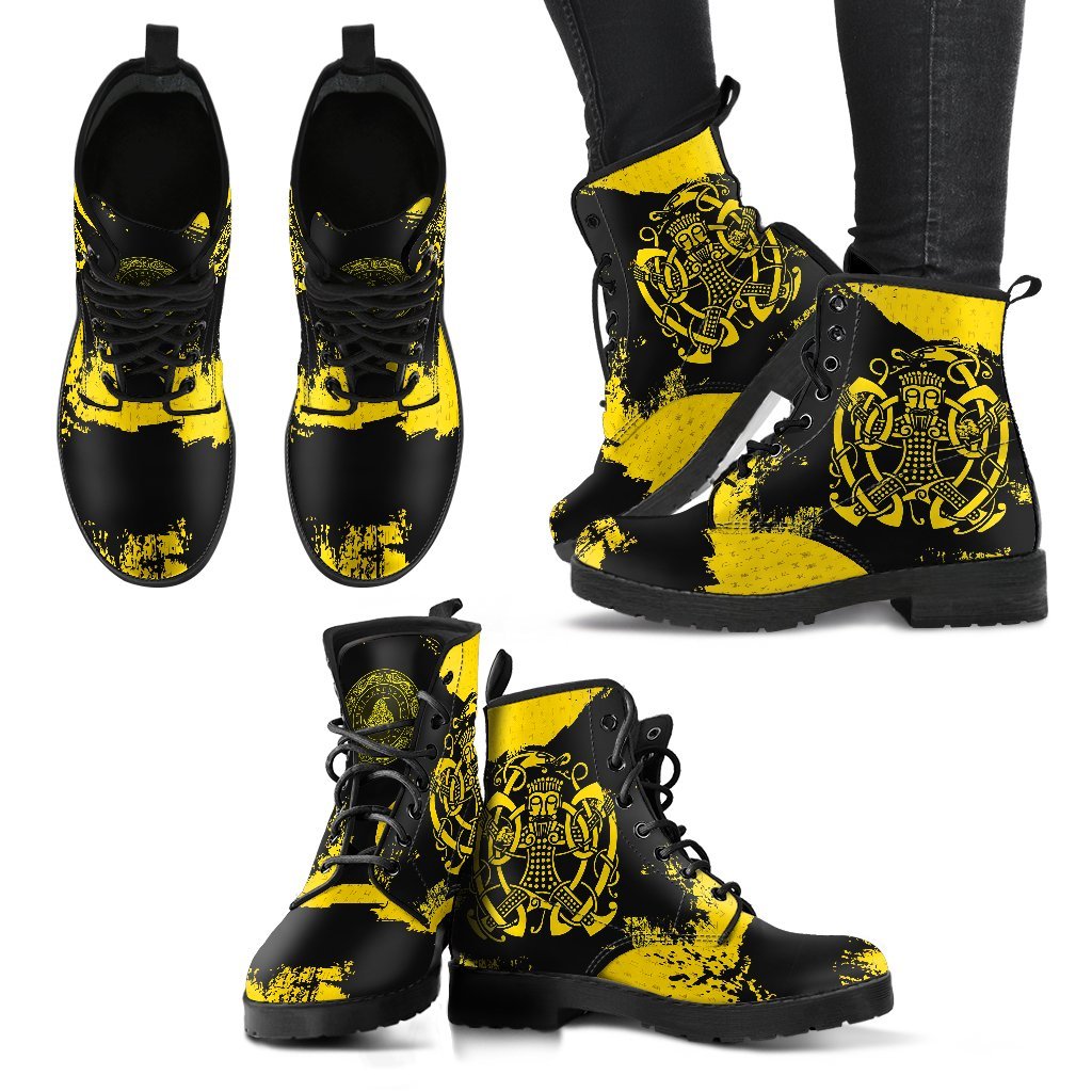 Viking Leather Boots, Loki Bound Triskele Rune Gold RLT12