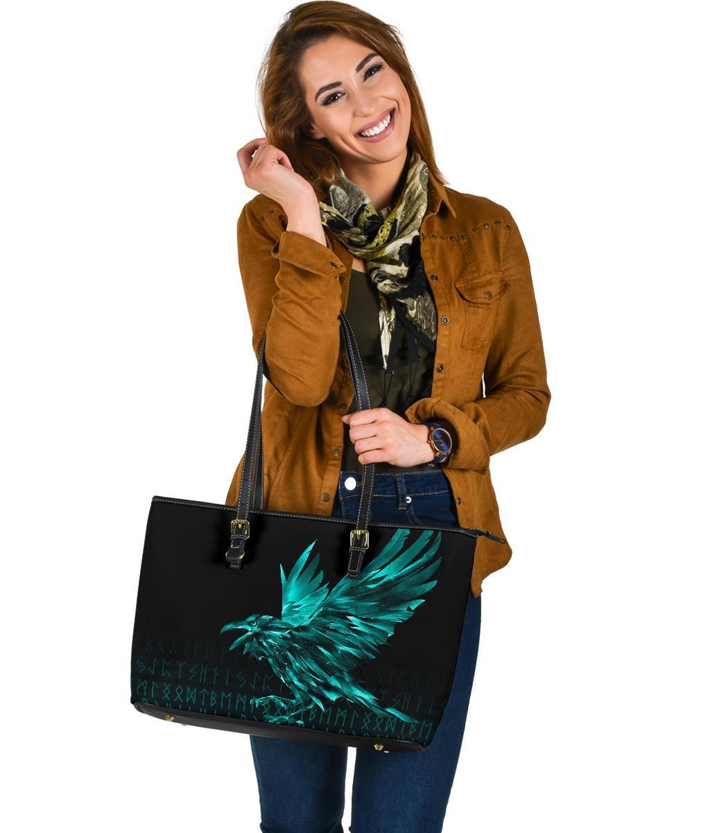 Viking Larger Leather Tote Bag The Raven Of Odin Rune Cyan RLT12