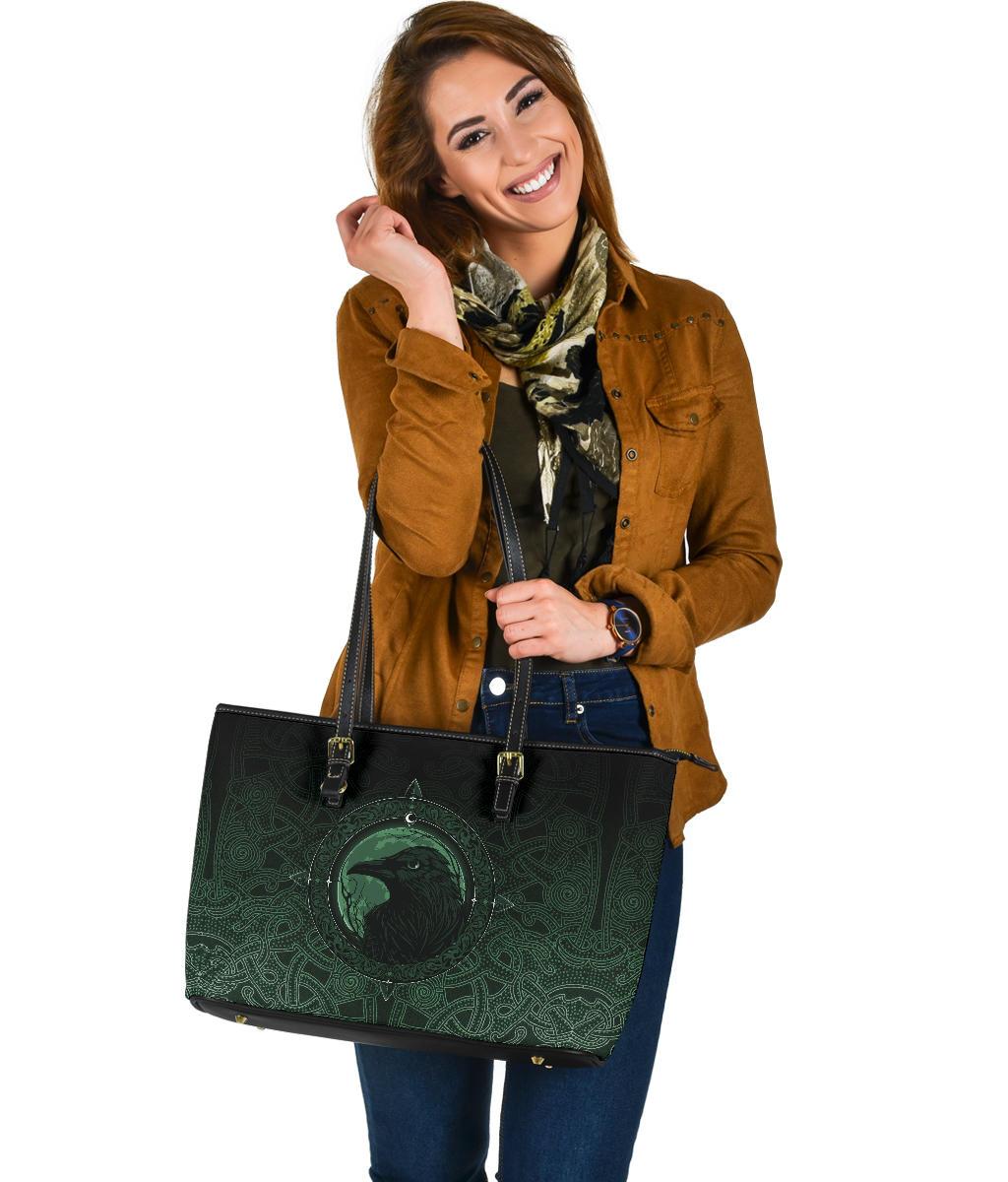 Viking Large Leather Tote Bag, Ethnic Odin Raven Green RLT12