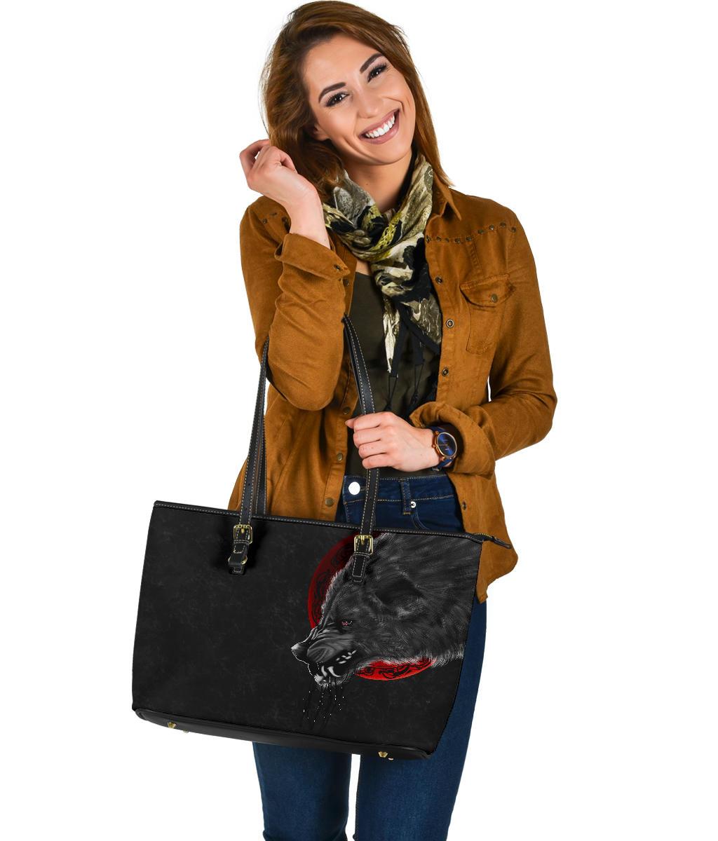 Viking Large Leather Tote Wolf and Blood Moon RLT12