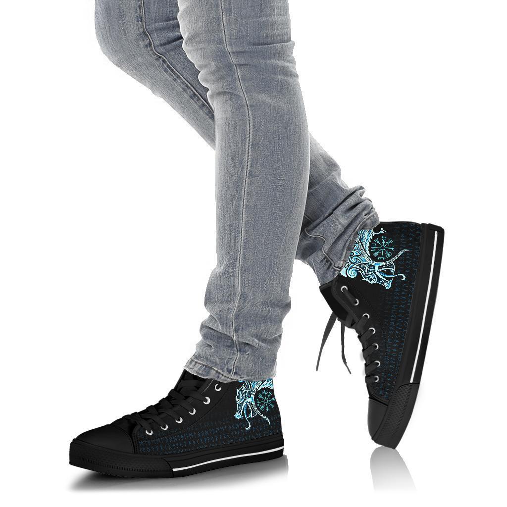 Viking High Top Shoes, Fenrir Raven and Vegvisir Tattoo Cyan RLT12
